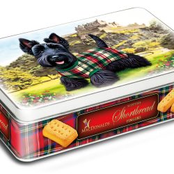 Scottie Dog below the Castle Shortbread Tin